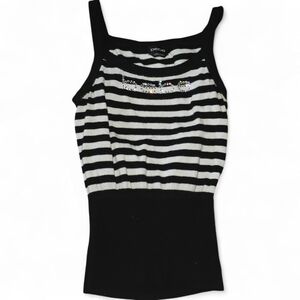 Y2K Bebe black & white striped tank top with rhinestone details